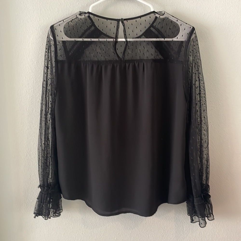 Loft Swiss Dot Sheer Ruffled Black Blouse sz Small Petite - Picture 2 of 5